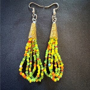 Gold Cone Tassel Earrings with Lime Green and Orange Beads